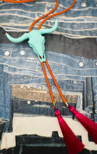 Load image into Gallery viewer, Longhorn Bolo Necklace Turquoise with Burnt Orange & Fuchsia