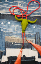 Load image into Gallery viewer, Longhorn Bolo Necklace Olive Green with Hot Pink & Peach