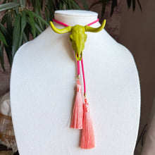 Load image into Gallery viewer, Longhorn Bolo Necklace Olive Green with Hot Pink & Peach