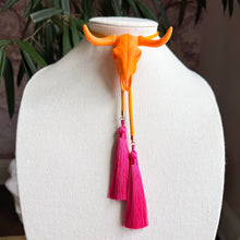 Load image into Gallery viewer, Longhorn Bolo Necklace Orange Citrus with Golden Yellow & Fuchsia