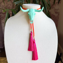 Load image into Gallery viewer, Longhorn Bolo Necklace Turquoise with Burnt Orange & Fuchsia