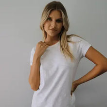 Load image into Gallery viewer, Short Sleeve Rebel Tee In White w/ Orchid Neck Trim
