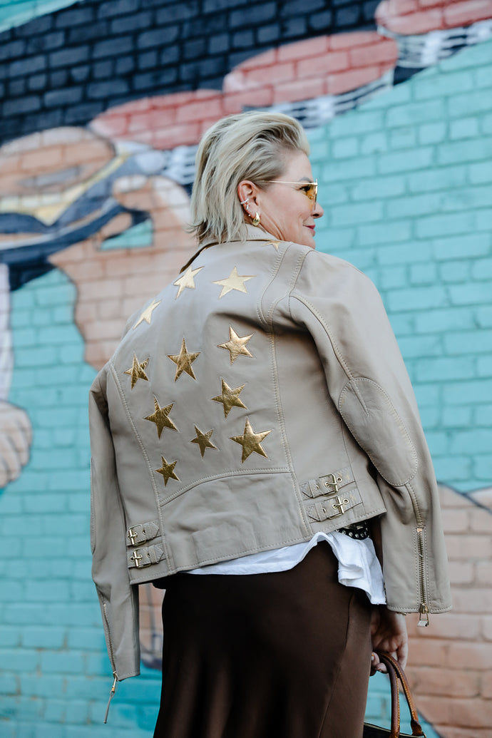 Christy RF 3 Leather Jacket in Metallic Gold Stars
