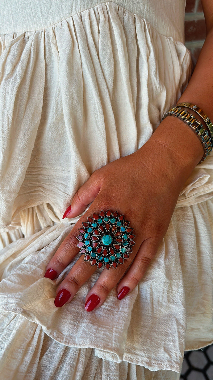 Turquoise & Coral Large Medallion Ring
