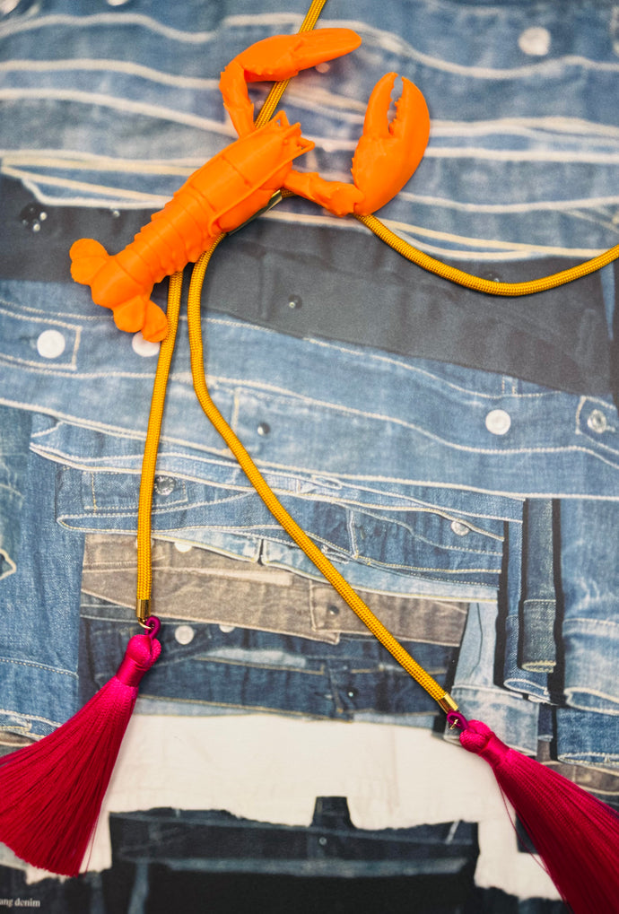 Crawfish Lobster Necklace Bolo Burnt Orange with Golden Yellow & Fuchsia