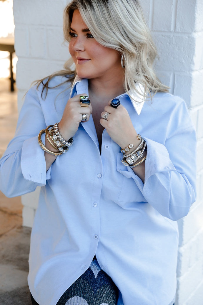 Oxford Sequin Oversized Button-Up Top