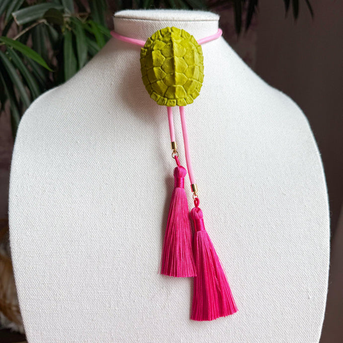 Tortoise Bolo Necklace Olive Green with Bubblegum Pink & Fuchsia