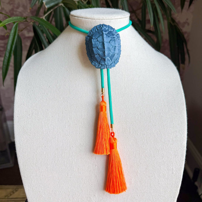 Tortoise Bolo Necklace Storm Blue with Turquoise & Orange