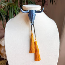 Load image into Gallery viewer, Longhorn Bolo Necklace Storm Blue with Moss Green &amp; Golden Yellow
