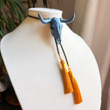 Load image into Gallery viewer, Longhorn Bolo Necklace Storm Blue with Moss Green &amp; Golden Yellow
