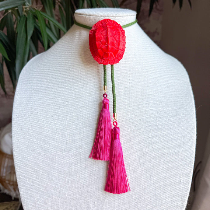 Tortoise Bolo Necklace Candy Red with Olive & Fuchsia
