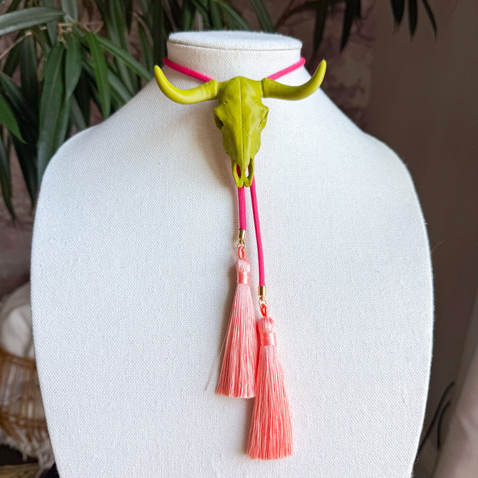 Longhorn Bolo Necklace Olive Green with Hot Pink & Peach