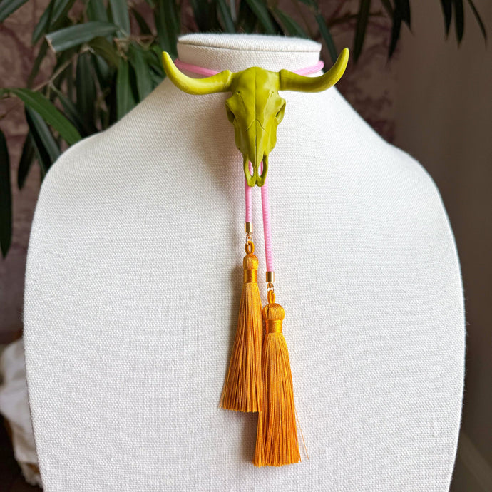 Longhorn Bolo Necklace Olive Green with Bubblegum Pink & Golden Yellow