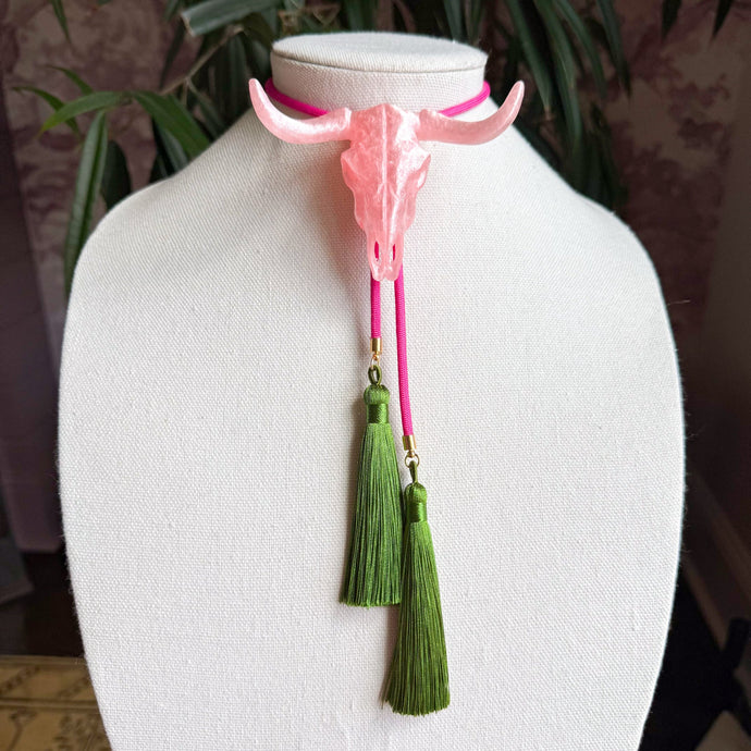 Longhorn Bolo Necklace Quartz Pink with Fuchsia & Olive