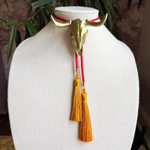Load image into Gallery viewer, Longhorn Necklace Bolo Antique Bronze with Candy Red &amp; Golden Yellow
