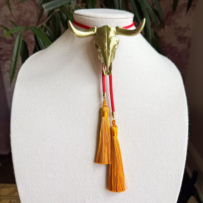 Longhorn Necklace Bolo Antique Bronze with Candy Red & Golden Yellow