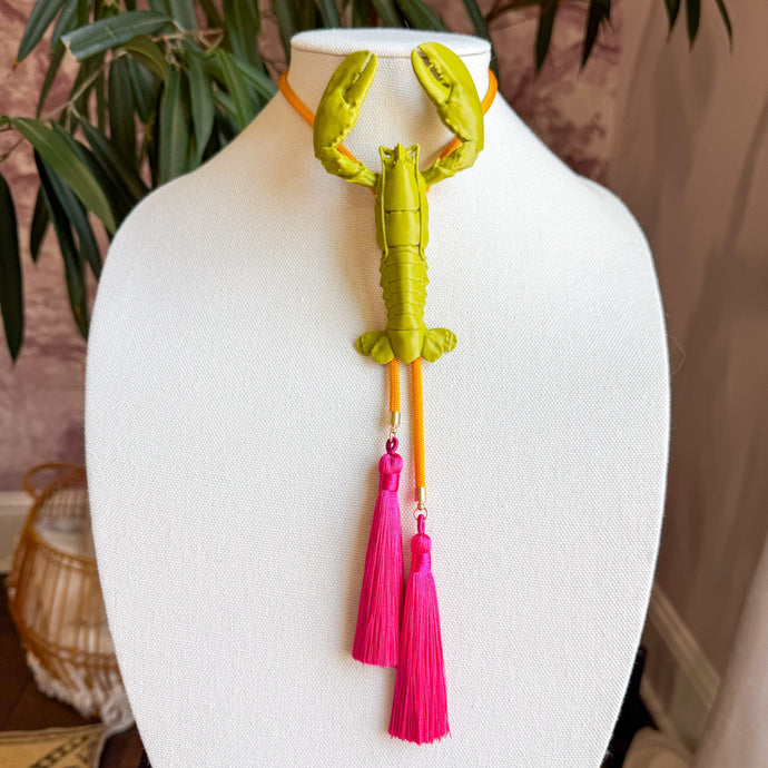 Crawfish Lobster Necklace Bolo Olive Green with Golden Yellow & Fuchsia