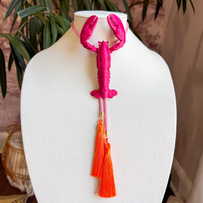 Crawfish Lobster Necklace Bolo Raspberry Pink with Bubblegum Pink & Orange