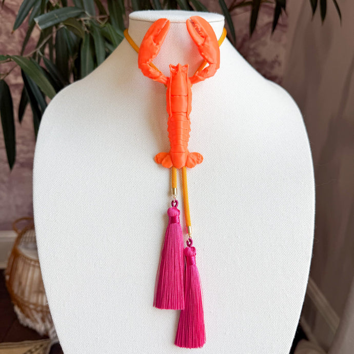 Crawfish Lobster Necklace Bolo Burnt Orange with Golden Yellow & Fuchsia