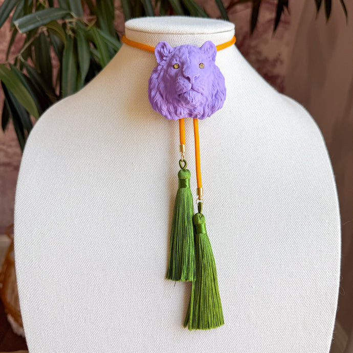 Tiger Bolo Necklace Lavender with Golden Yellow & Olive Green