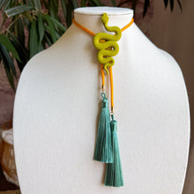 Load image into Gallery viewer, Snake Bolo Necklace Olive Green with Golden Yellow &amp; Peacock Blue
