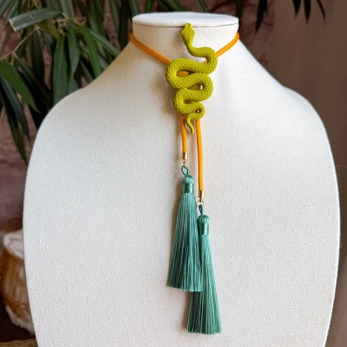 Snake Bolo Necklace Olive Green with Golden Yellow & Peacock Blue