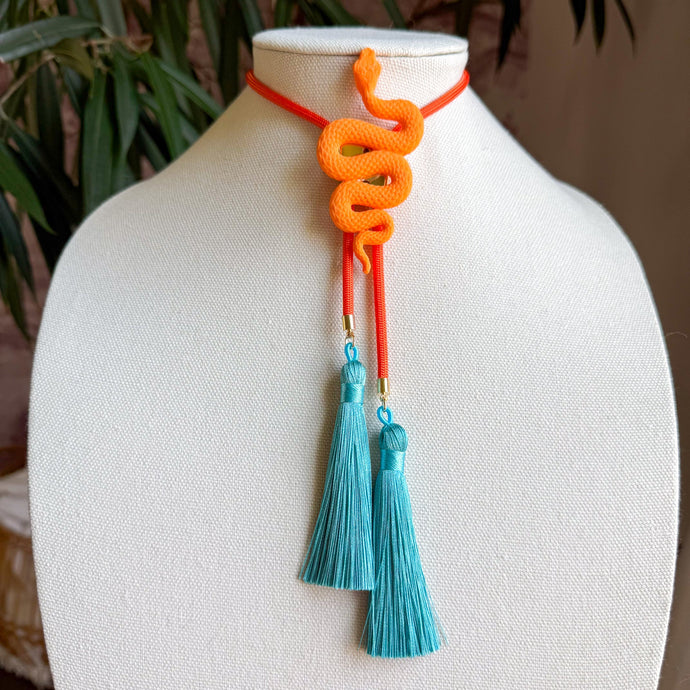 Snake Bolo Necklace Orange Citrus with Solar Orange & Lagoon Blue